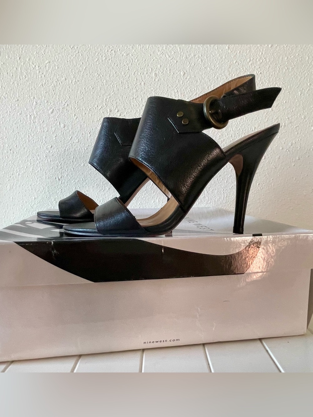 Nine West Black Leather Buckle High Heel Sandals - Picture 2 of 6